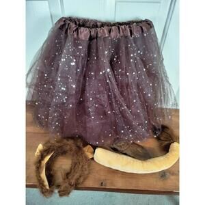Adult Lion Costume Set Sz L 3pc Tutu, Ears Headband & Tail - Brown/Gold Cosplay